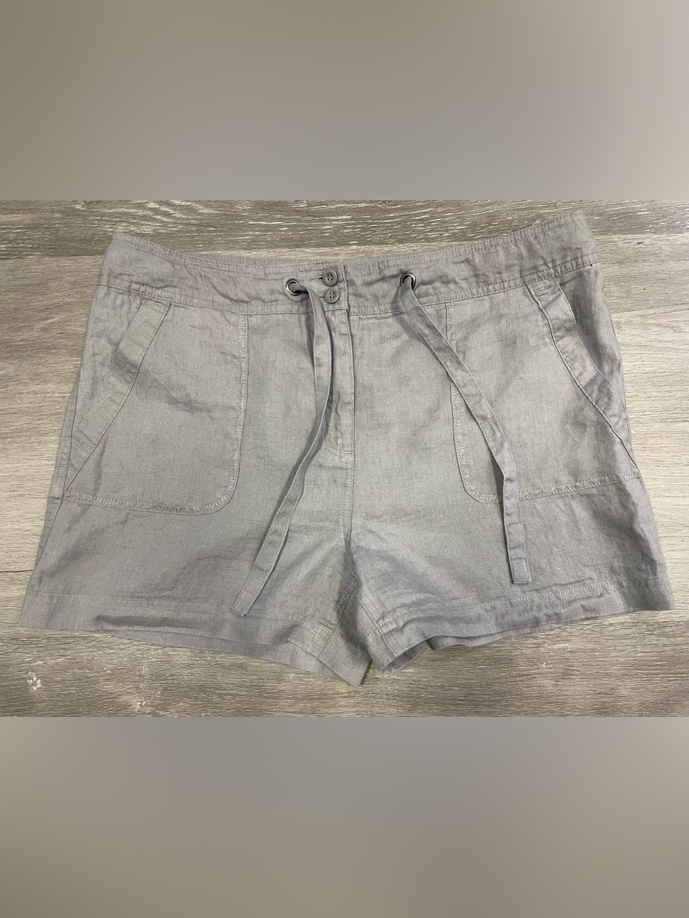 St. Tropez West 100% Linen Gray Drawstring Shorts With Pockets Size 12